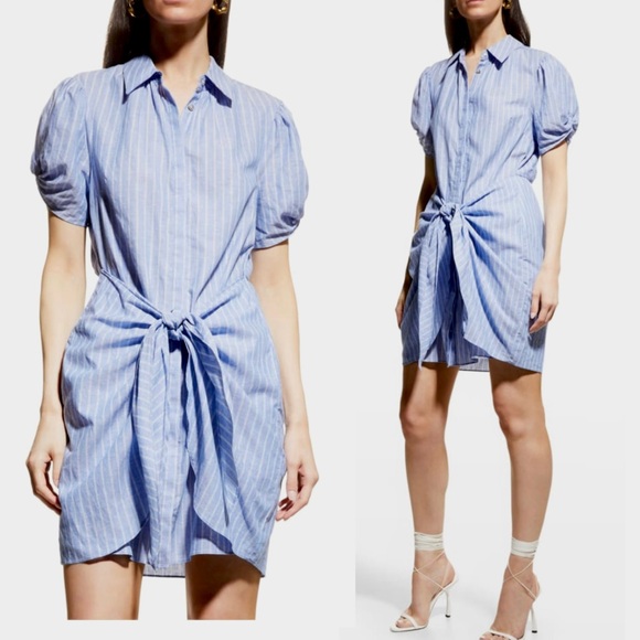 Cing a Sept Tira Linen Pinstripe Puffed Short Sleeve Self-Tie Waist Mini Dress - Picture 1 of 16